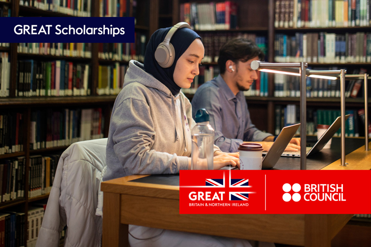 GREAT Scholarships - British Council. A group of students are sitting and laughing around a circular bench.